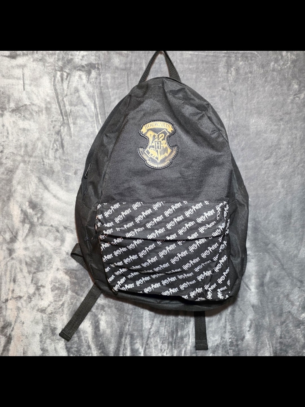 Black Hogwarts Crest Backpack with Patterned Front Pocket